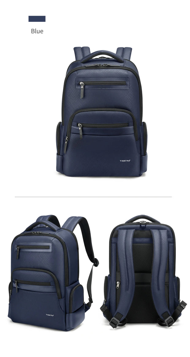 Navy blue backpack shown from multiple angles on a white background