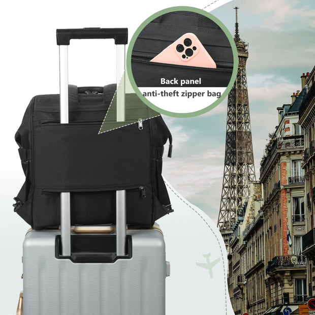 Black backpack with anti-theft zipper feature on a suitcase, Eiffel Tower in the background