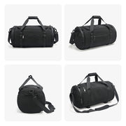 Black duffel bag shown from multiple angles on a white background