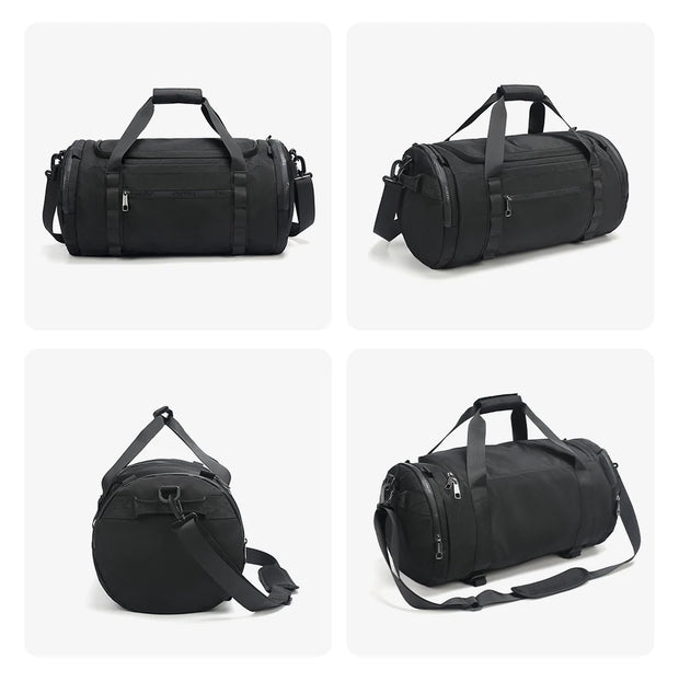 Black duffel bag shown from multiple angles on a white background
