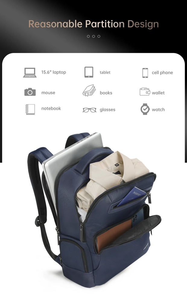 Navy blue backpack with compartments for electronic devices and items, labeled with icons.
