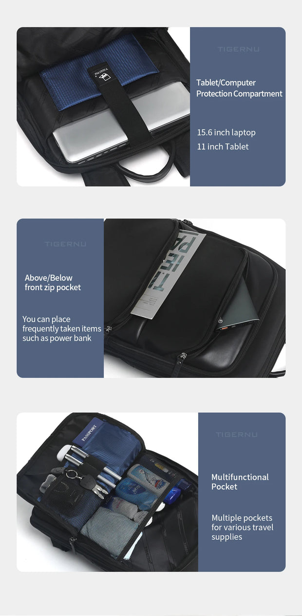 Multifunctional travel bag with compartments and pockets on a white background
