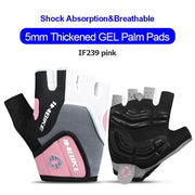 Black and pink half-finger gloves with gel palm pads on a white background