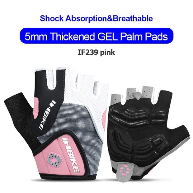 Black and pink half-finger gloves with gel palm pads on a white background