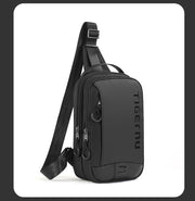 Black sling bag on a light gray background