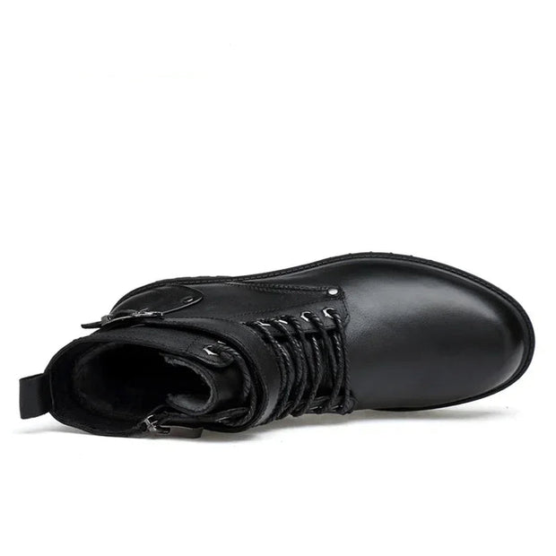 Black leather boot with a zipper on a white background