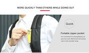 Person using a portable zipper pocket on a shoulder strap with text highlighting its convenience.