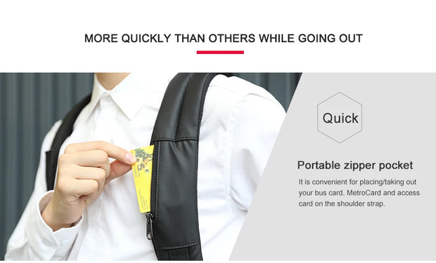 Person using a portable zipper pocket on a shoulder strap with text highlighting its convenience.
