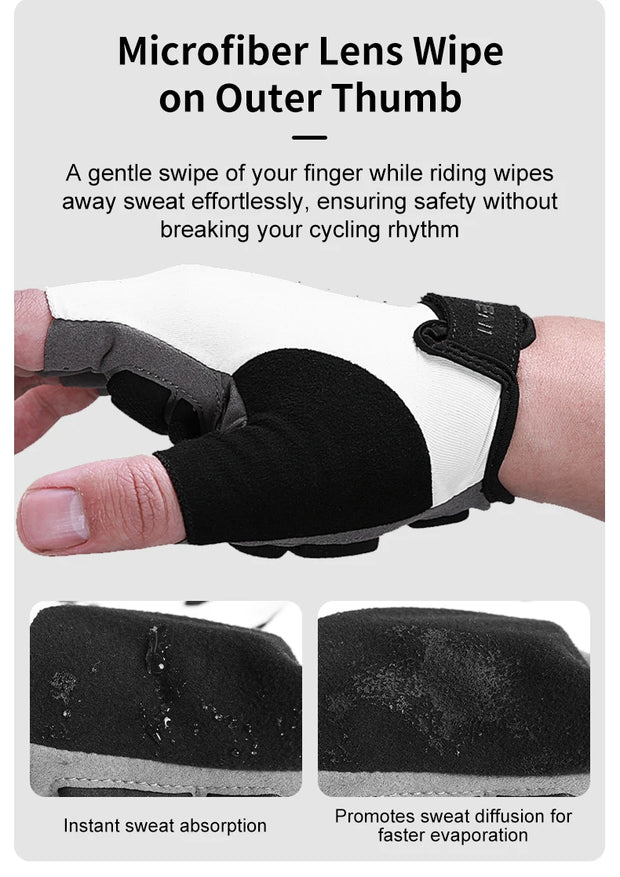 Glove with microfiber lens wipe on outer thumb, showing sweat absorption and diffusion effects.
