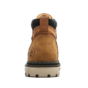 Brown leather boot with black sole on a white background