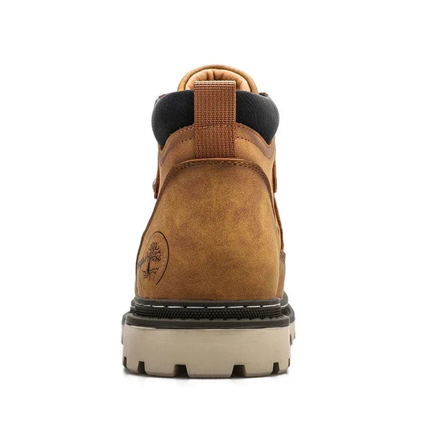 Brown leather boot with black sole on a white background
