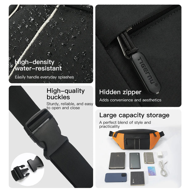 Fanny pack with features highlighted on a white background
