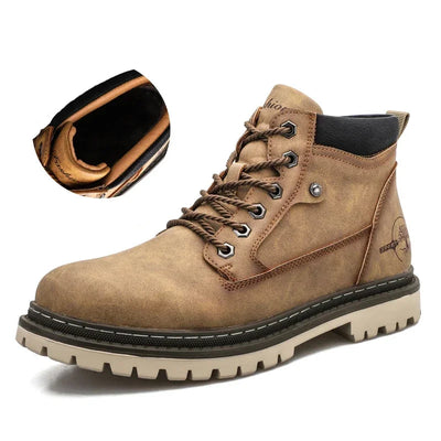 Brown boot with black sole on a white background