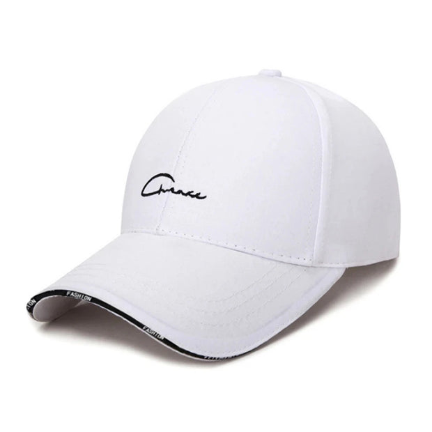 White baseball cap with black embroidered text on a white background
