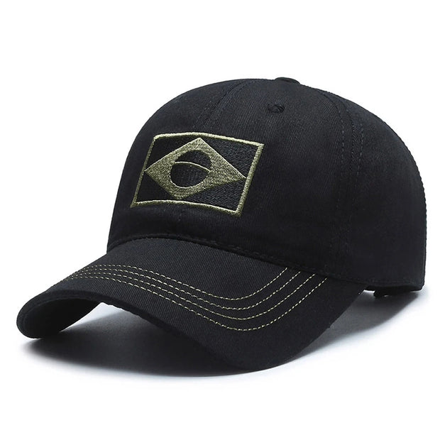 Black baseball cap with a green logo on a white background