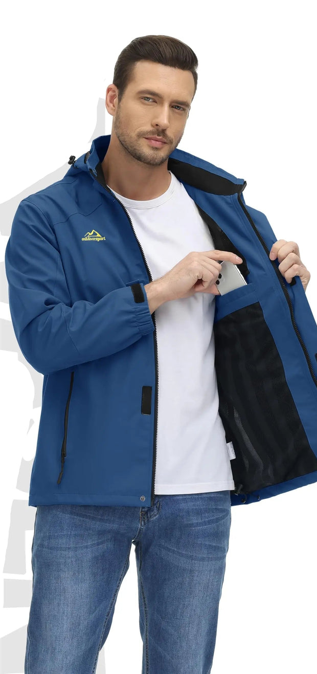 Man wearing a blue jacket with features highlighted on a gray background