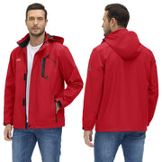 Red jacket with black accents worn by a person, shown from front and back on a white background.