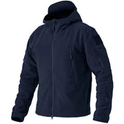 Navy blue tactical jacket with multiple pockets on a white background