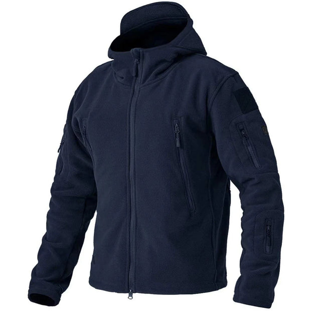 Navy blue tactical jacket with multiple pockets on a white background