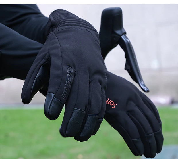 Black gloves with text on a blurred background