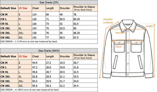 Size chart for a jacket with measurements in centimeters and inches.