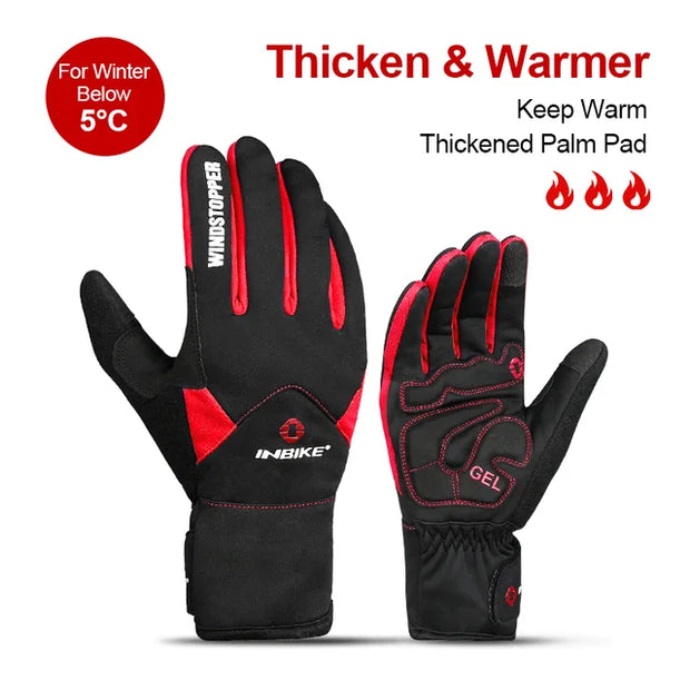 Black and red gloves with thickened palm pad feature, suitable for cold weather.