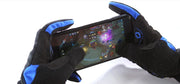 Person holding a smartphone with gaming app on screen using black and blue gloves
