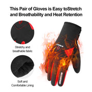 Black and red gloves with flame design, labeled for stretchability, breathability, and heat retention.