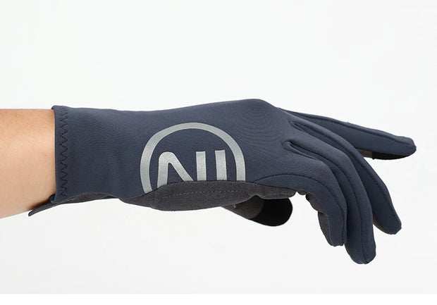 Dark gray glove with a logo on a white background