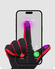 Black and red glove interacting with a smartphone displaying a call app interface.