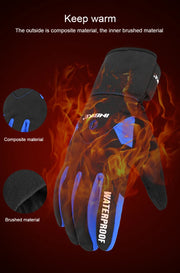 Glove with flame design and text indicating composite and brushed materials, waterproof feature.