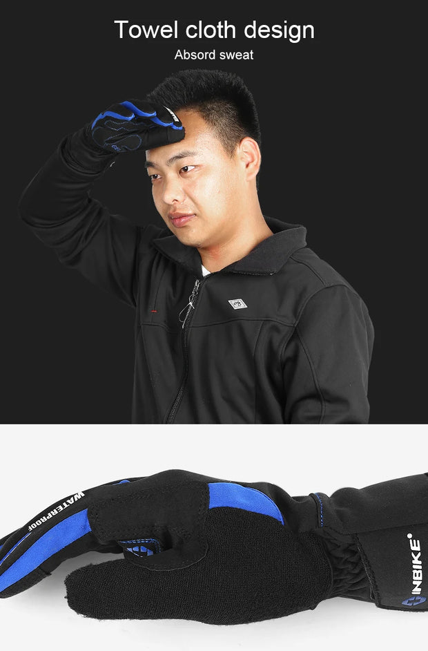 Person wearing black gloves with blue accents, with a close-up of the gloves below.