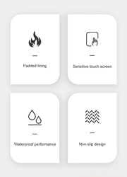 Four icons with text describing features on a light gray background