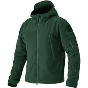 Green tactical jacket with multiple pockets and zippers on a white background