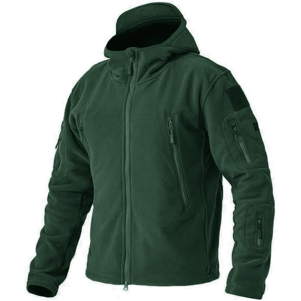Green tactical jacket with multiple pockets and zippers on a white background