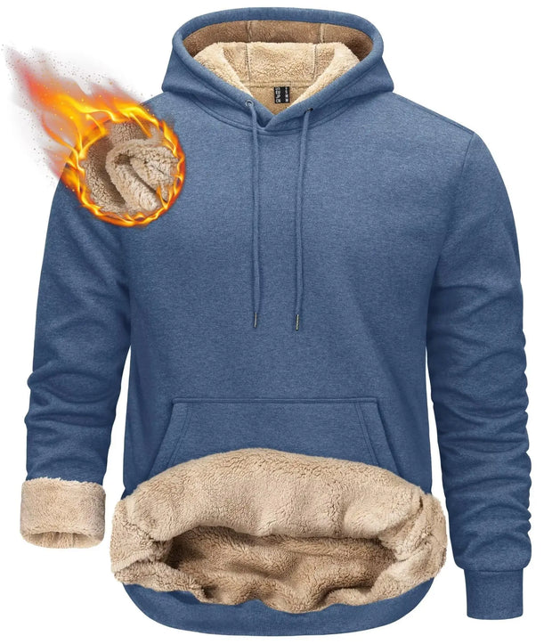 Blue hoodie with beige lining and flames on a white background