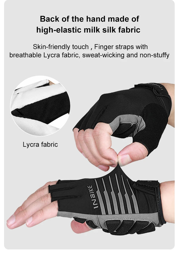 Black half-finger gloves with text on the back of the hand, showing Lycra 