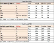 Size chart comparing US and CN sizes with measurements in centimeters and inches.