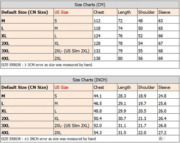 Size chart comparing US and CN sizes with measurements in centimeters and inches.