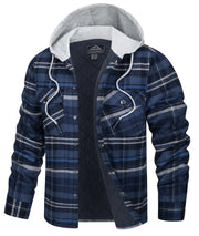 Blue plaid jacket with gray hood on a white background