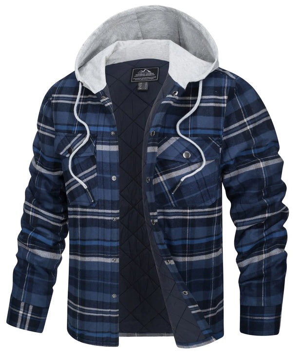 Blue plaid jacket with gray hood on a white background