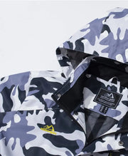 Camouflage jacket with detachable hood feature highlighted on a white background