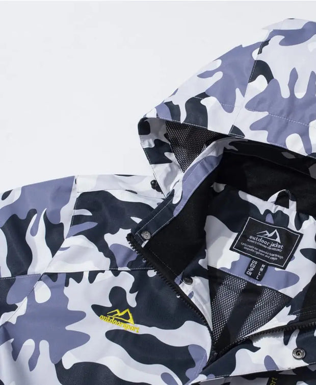 Camouflage jacket with detachable hood feature highlighted on a white background