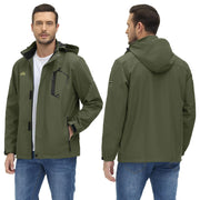 Green jacket worn by a man with front and back views on a white background