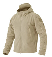 Tan tactical jacket with multiple pockets and zippers on a white background