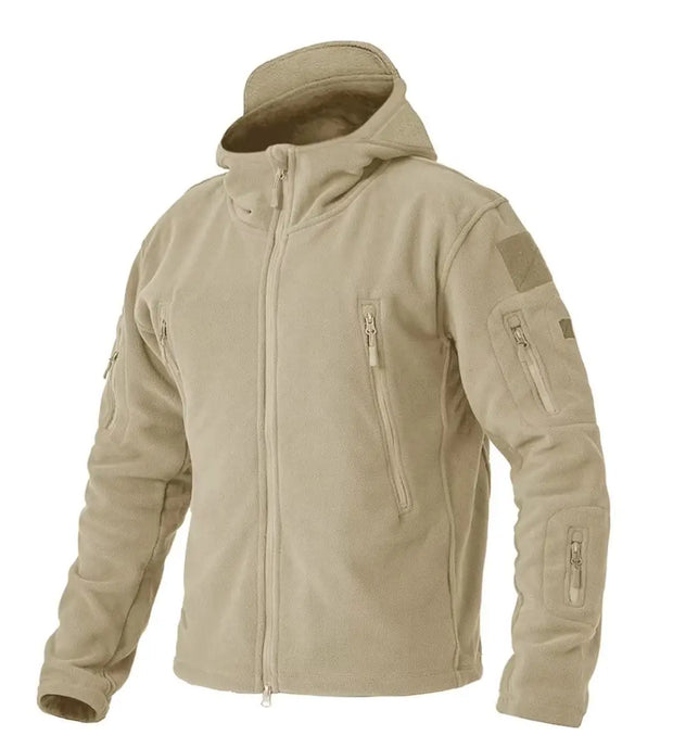 Tan tactical jacket with multiple pockets and zippers on a white background