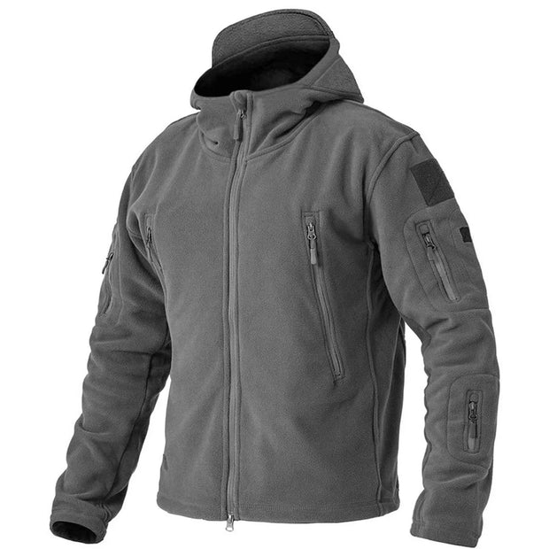 Gray tactical jacket with multiple pockets and zippers on a white background